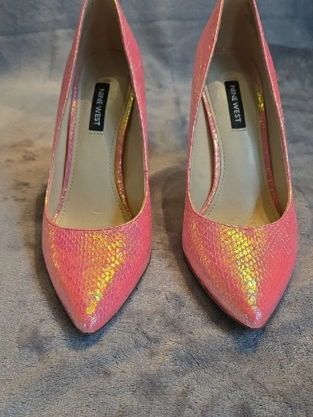 Nine West Pink Iridescent Snakeskin Pointed-Toe Heels - Picture 3 of 8
